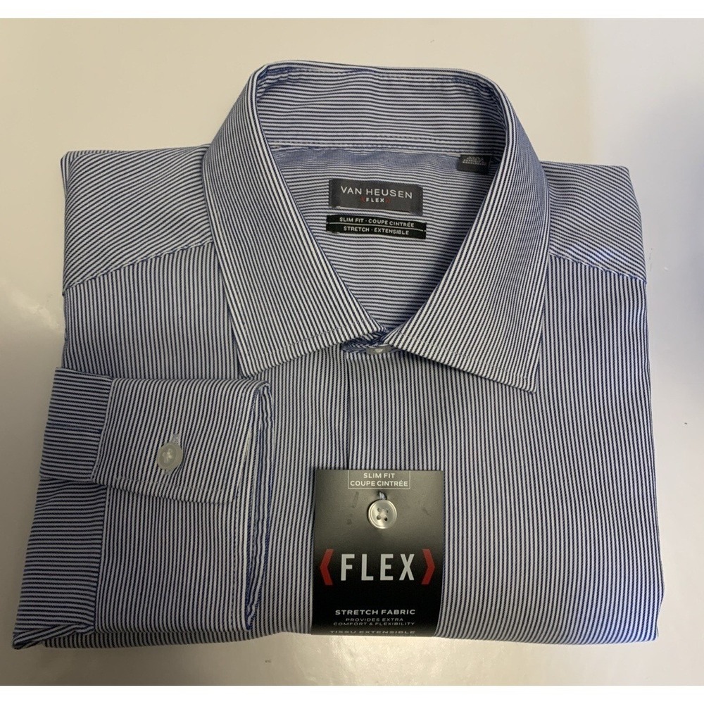 NWT Van Heusen Flex Stretch Shirt Men's L 16‎ Blue Striped Long Sleeve Button Up